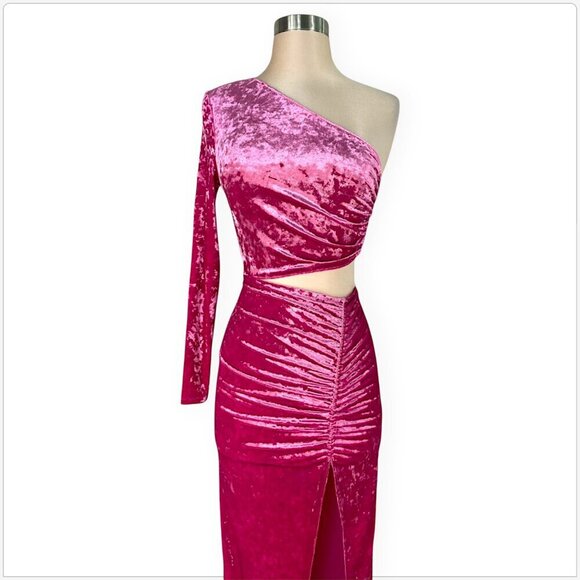 Saylor Niamh Pink Stretch Velvet Asymmetrical Side Cut Out Midi Dress NWT New XS - Picture 7 of 9